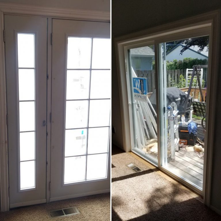 Sliding glass door replacing french doors Hedgehog Home Services, LLC